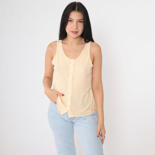 90s Peach Snap Button Tank Top Scoop Neck Sleeveless Blouse Medium