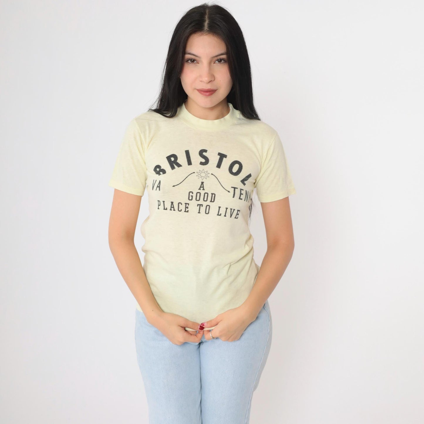 80s Bristol Virginia Tennessee A Good Place to Live Graphic Tee Yellow Extra Small