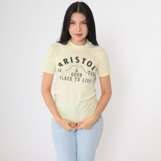 80s Bristol Virginia Tennessee A Good Place to Live Graphic Tee Yellow Extra Small