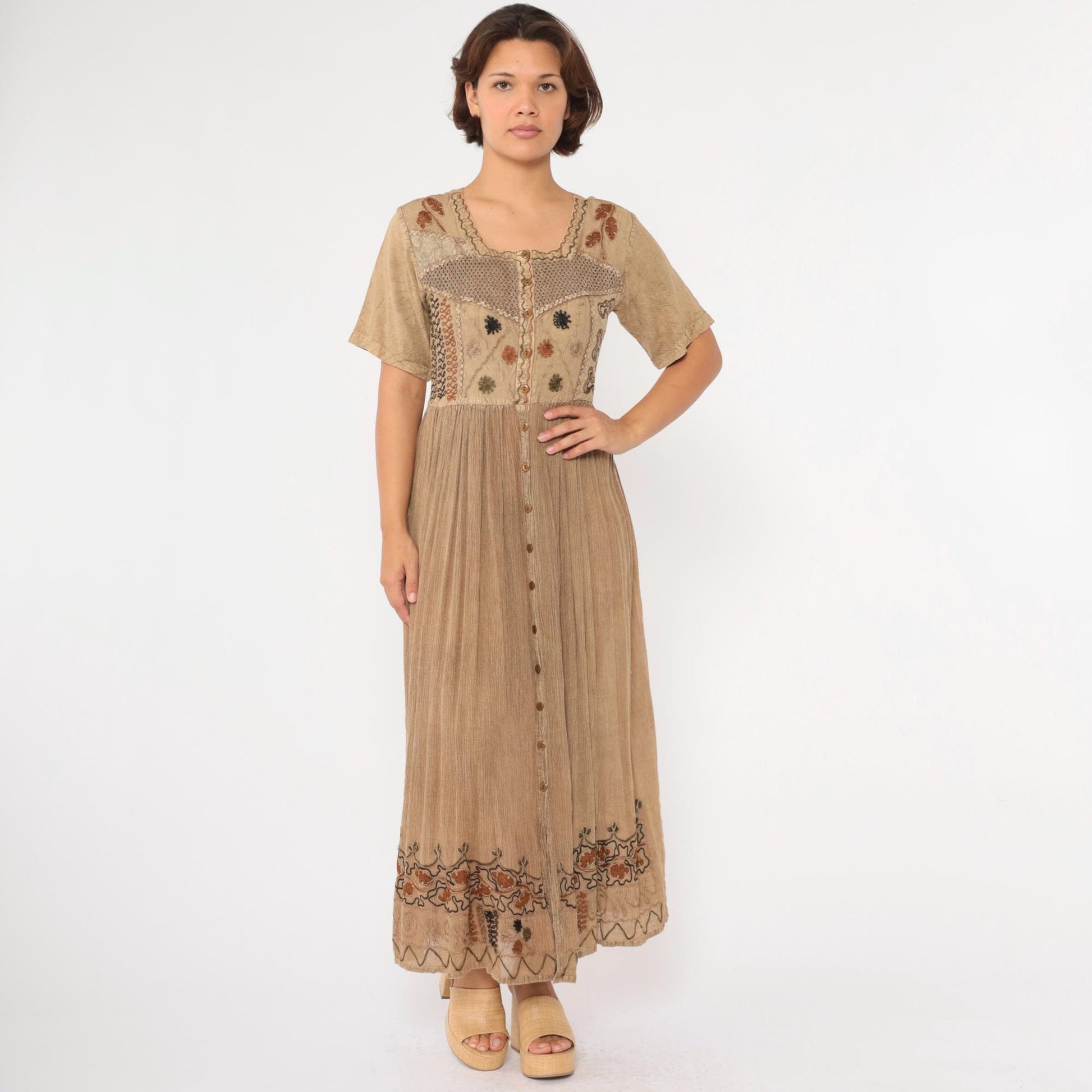 00s M.P.H. Embroidered Floral Maxi Dress Tan Button-Up Crochet Small S