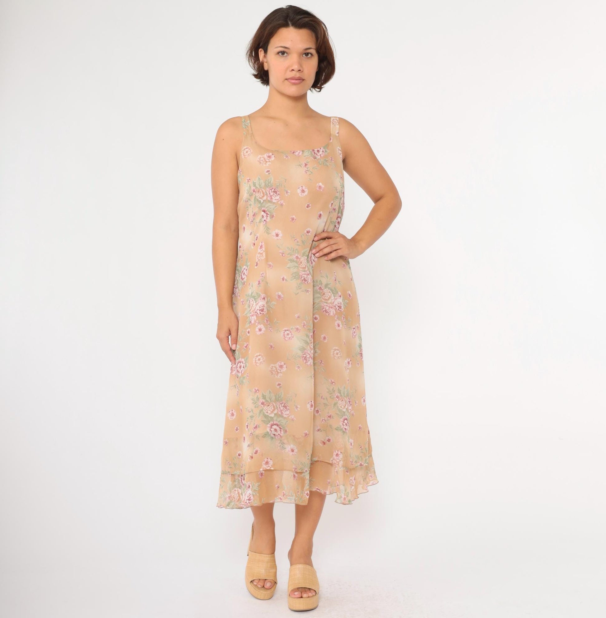 90s Sag Harbor Floral Chiffon Midi Dress Tan Tiered Sleeveless Large 14