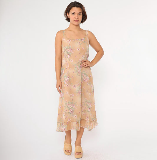 90s Sag Harbor Floral Chiffon Midi Dress Tan Tiered Sleeveless Large 14