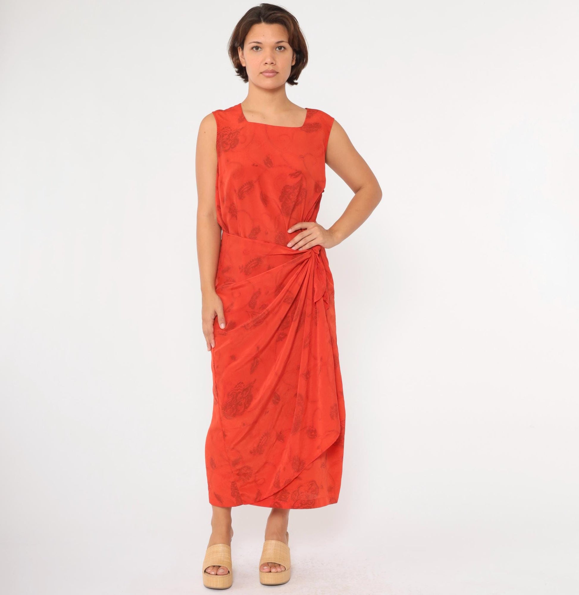 90s Studio C Plus Floral Maxi Dress Orange Red Square Neck Sleeveless Extra Large XXL