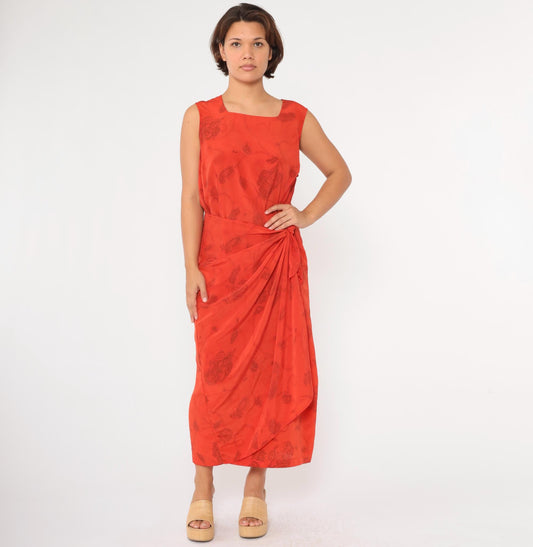 90s Studio C Plus Floral Maxi Dress Orange Red Square Neck Sleeveless Extra Large XXL