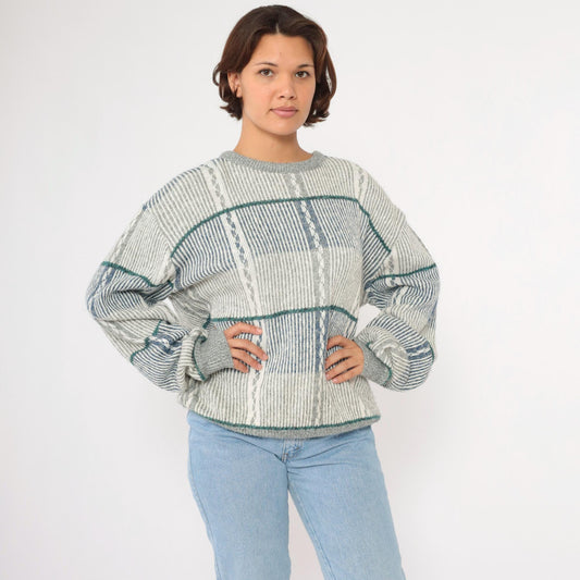 80s Striped Knit Sweater Blue Grey Pullover Extra Large XL