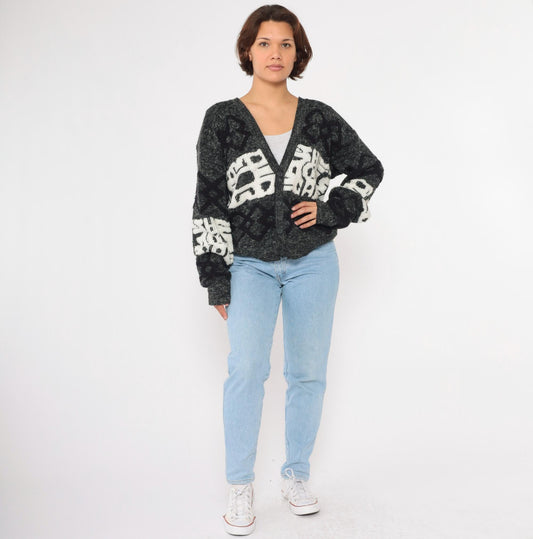 90s J.J. Blu Geometric Cardigan Grey Knit Abstract Button-Up Small