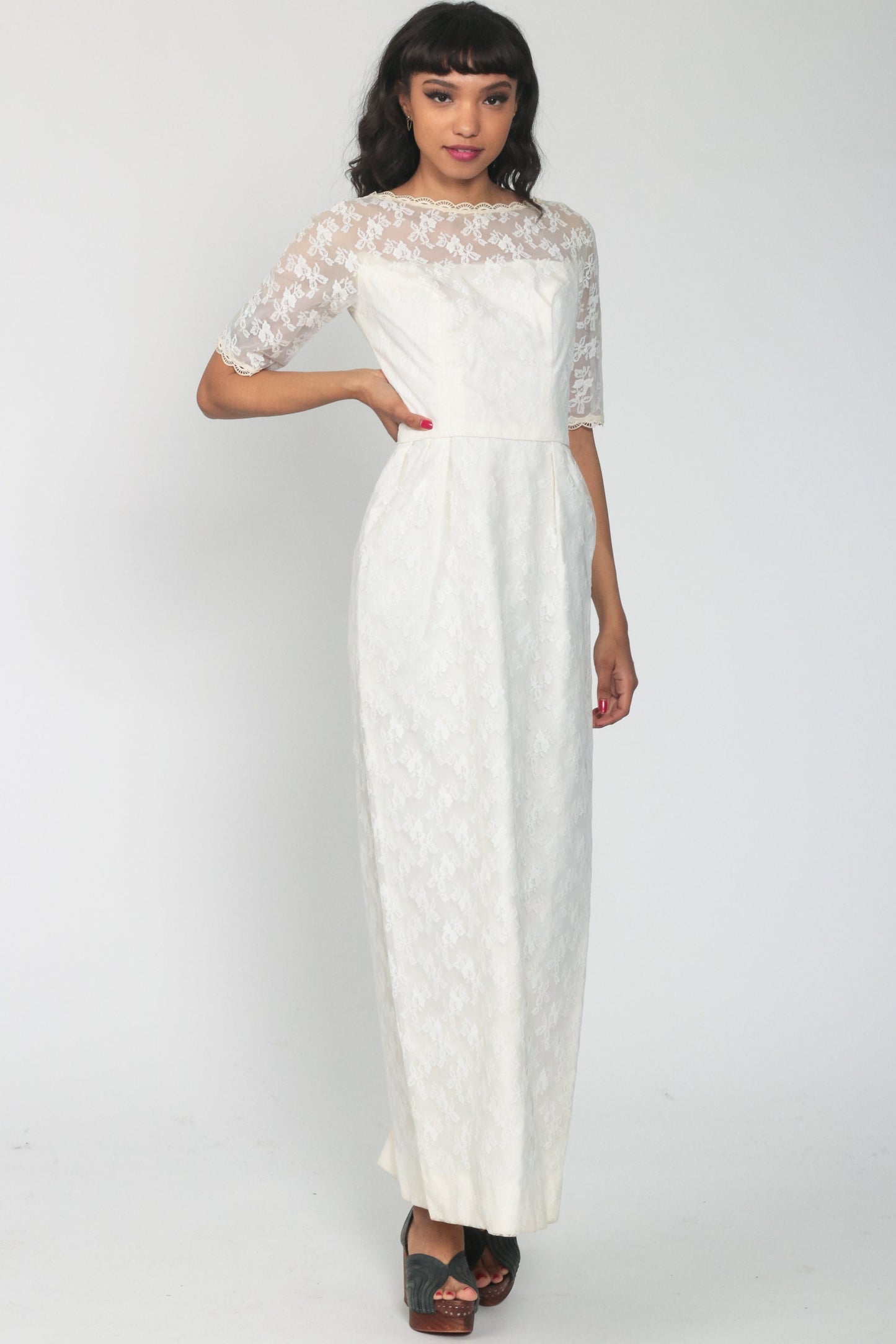 60s White Lace Maxi Dress Empire Waist Half Sleeve Scalloped Extra Small