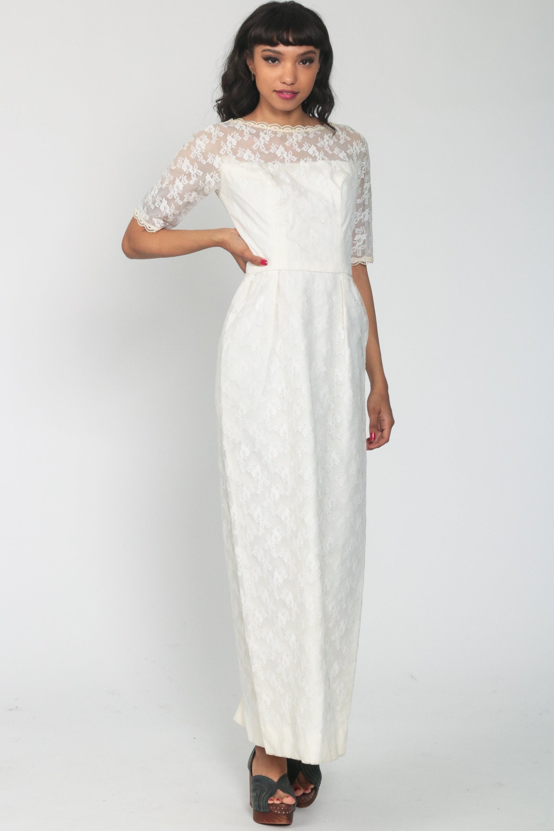 60s White Lace Maxi Dress Empire Waist Half Sleeve Scalloped Extra Small