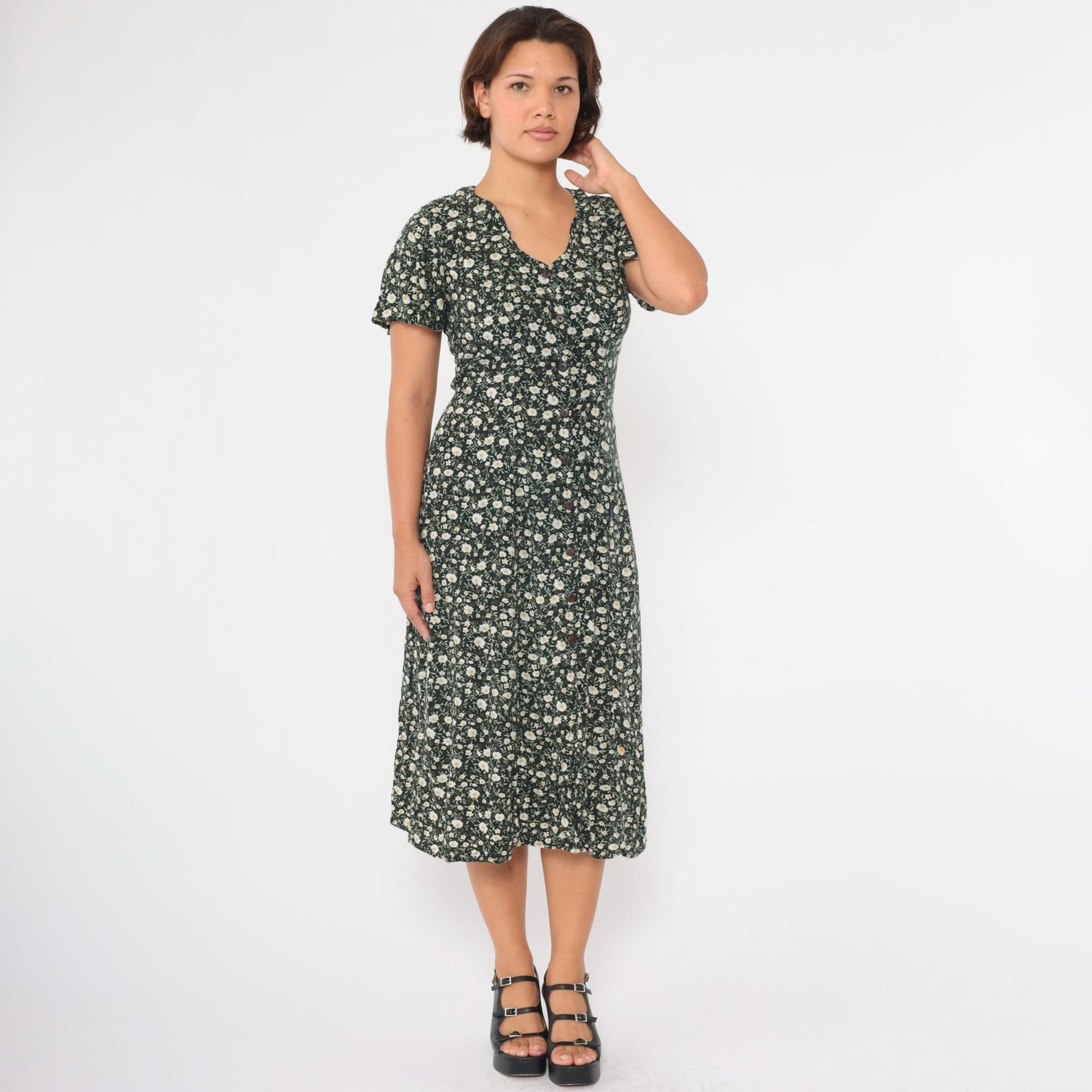 90s Black Floral Midi Dress Flutter Sleeve Button-Up Green White Small S