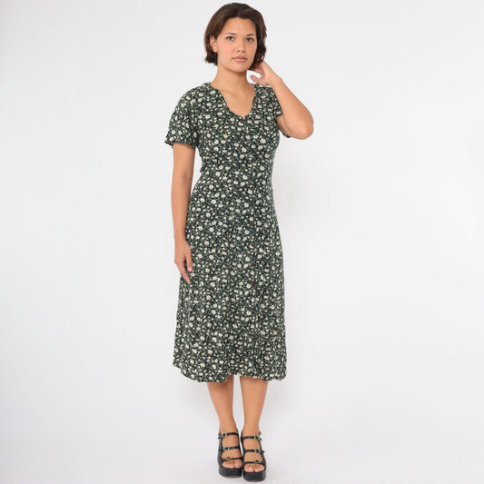 90s Black Floral Midi Dress Flutter Sleeve Button-Up Green White Small S