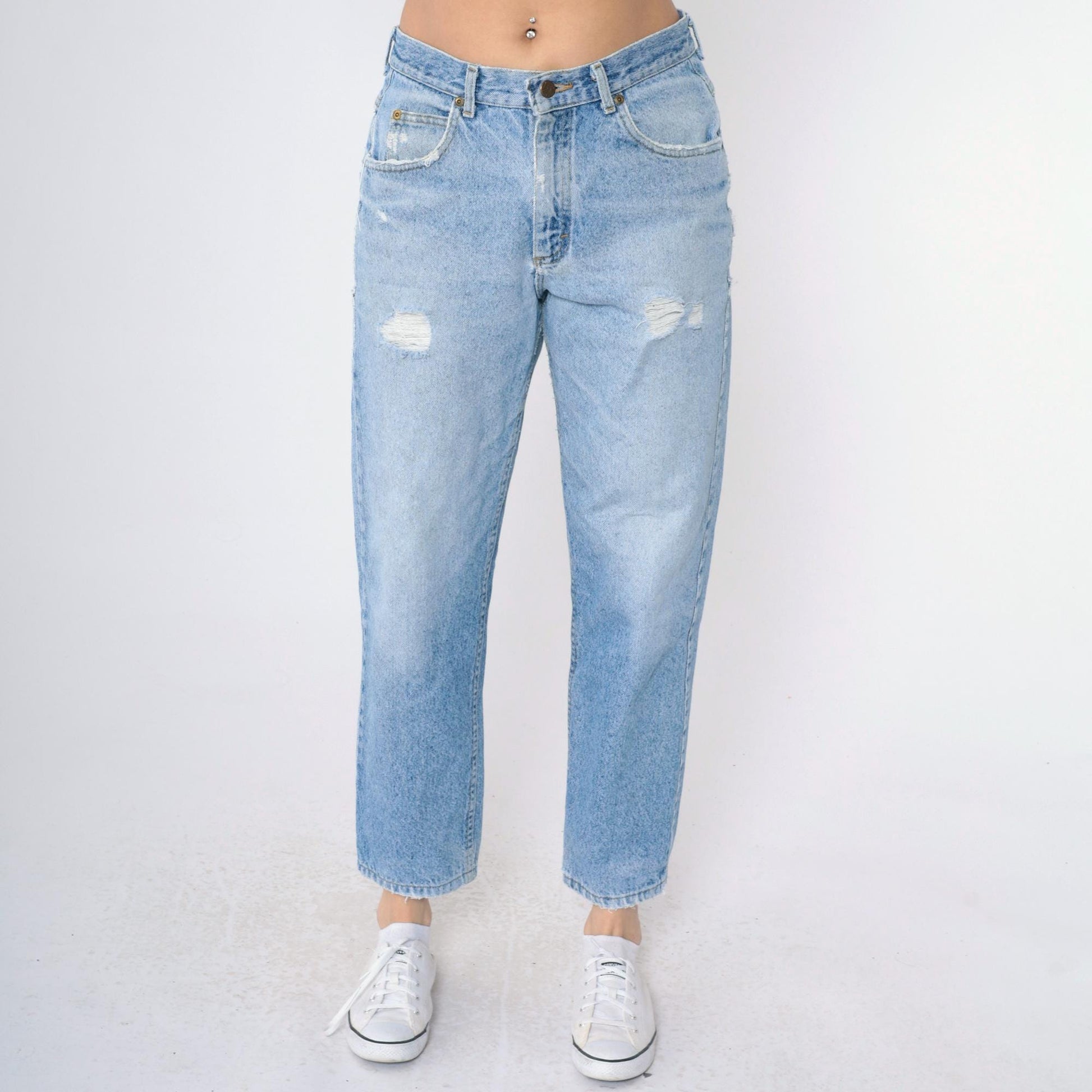 90s Lee High-Waist Tapered Jeans Light Wash Distressed Rips Medium