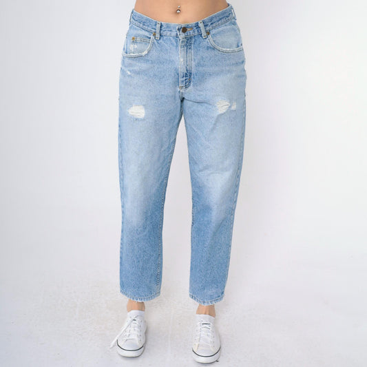90s Lee High-Waist Tapered Jeans Light Wash Distressed Rips Medium