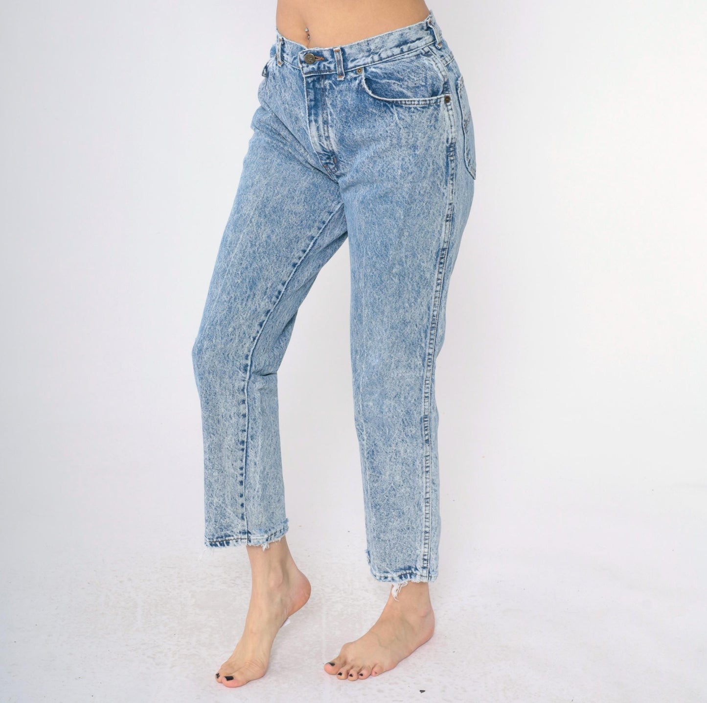 80s Acid Wash High Waist Tapered Jeans Chic Blue Denim Small