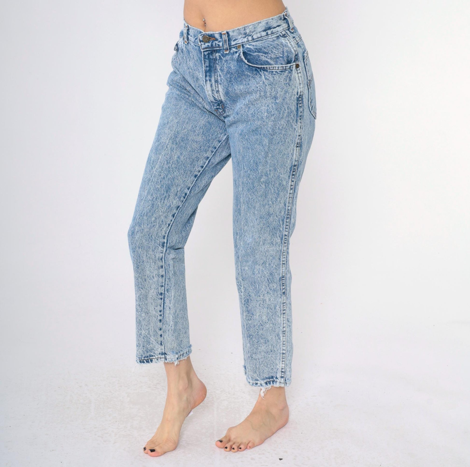 80s Acid Wash High Waist Tapered Jeans Chic Blue Denim Small