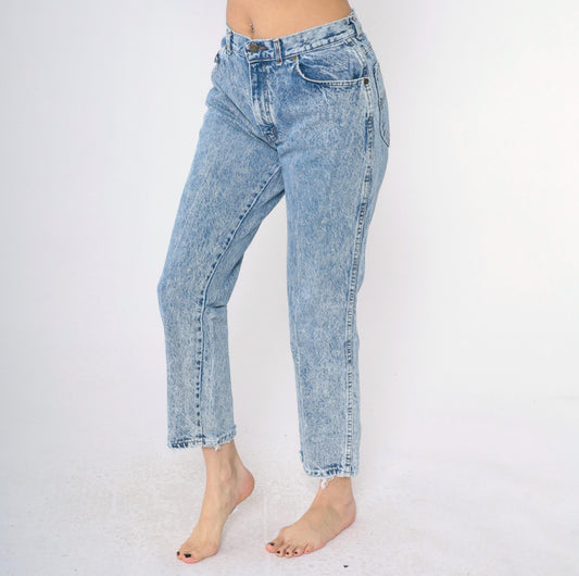 80s Acid Wash High Waist Tapered Jeans Chic Blue Denim Small