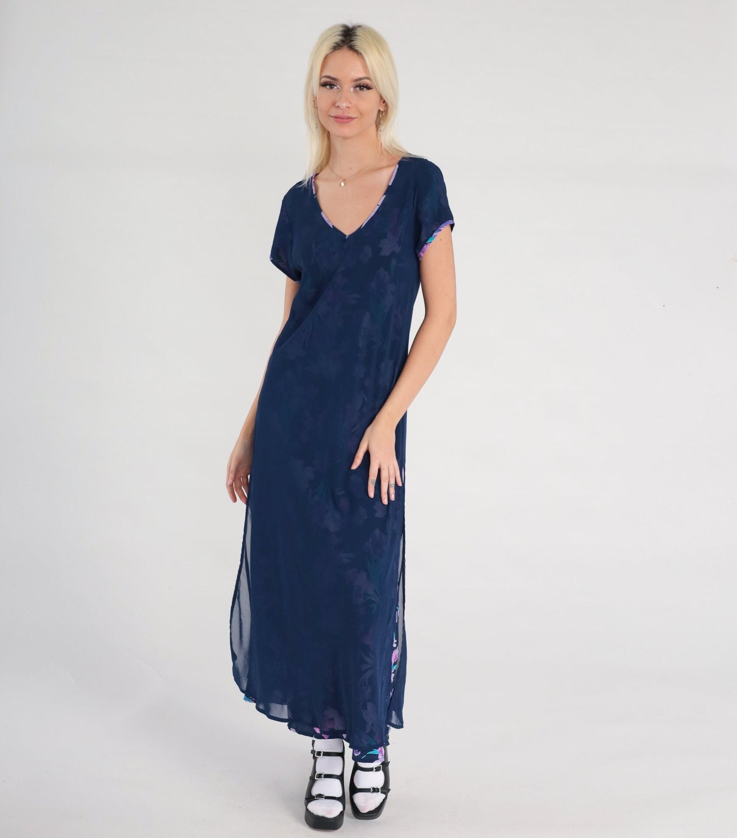 00s Floral Chiffon Maxi Dress Dark Blue V-Neck Botanical Print Small