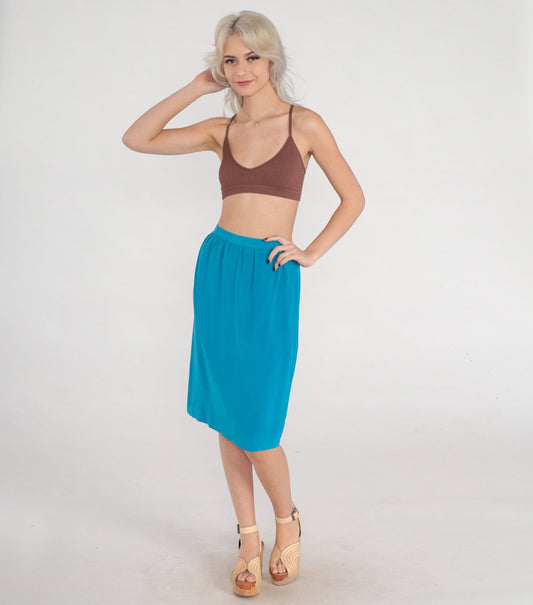 80s Blue Silk Skirt High Waist Straight Knee Length Extra Small