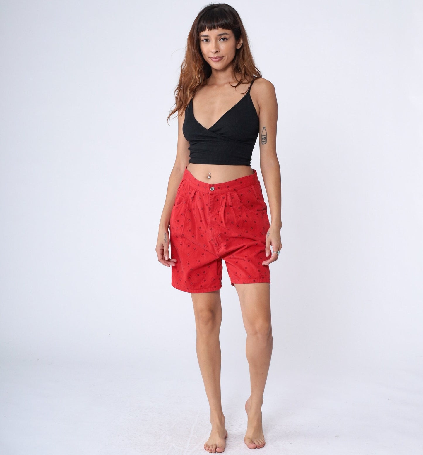 90s Express Red Celestial Pleated High-Waist Shorts Cotton Medium