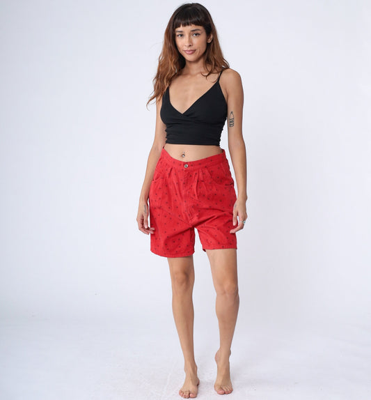 90s Express Red Celestial Pleated High-Waist Shorts Cotton Medium