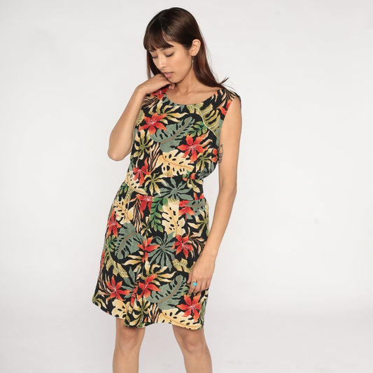 90s Black Tropical Floral Leaf Print Mini Dress Sleeveless Keyhole Back Large L