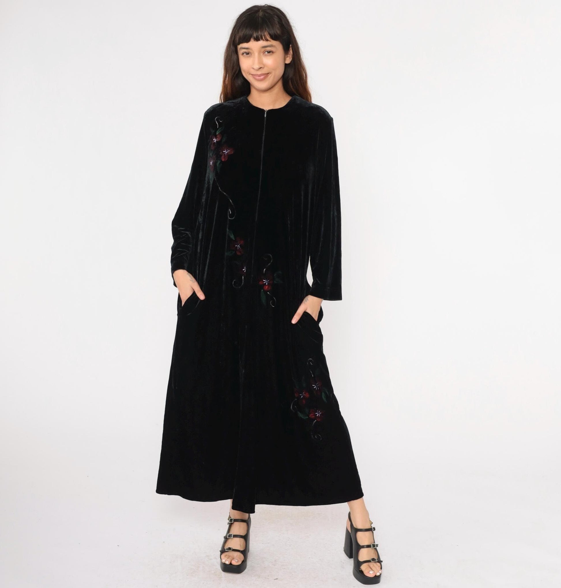 80s Exquisite by Judith Lebkoff Velour Maxi Lounge Dress Black Floral Hand Painted Large