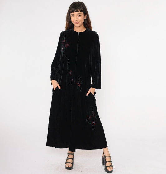 80s Exquisite by Judith Lebkoff Velour Maxi Lounge Dress Black Floral Hand Painted Large