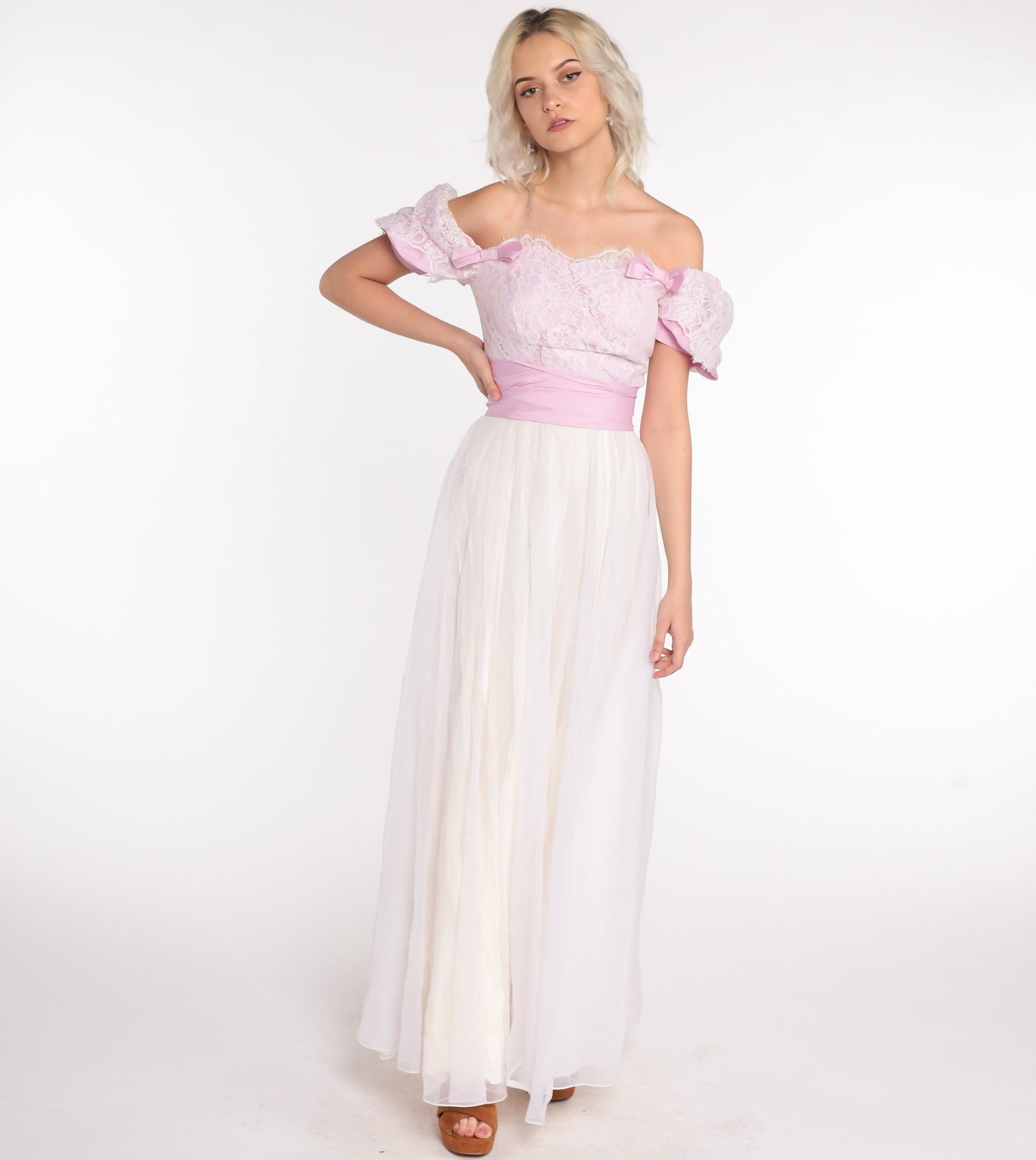 70s Puff Sleeve Maxi Dress Chiffon Lace White Lavender Off-Shoulder Extra Small