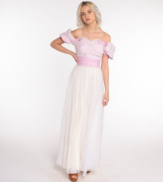 70s Puff Sleeve Maxi Dress Chiffon Lace White Lavender Off-Shoulder Extra Small