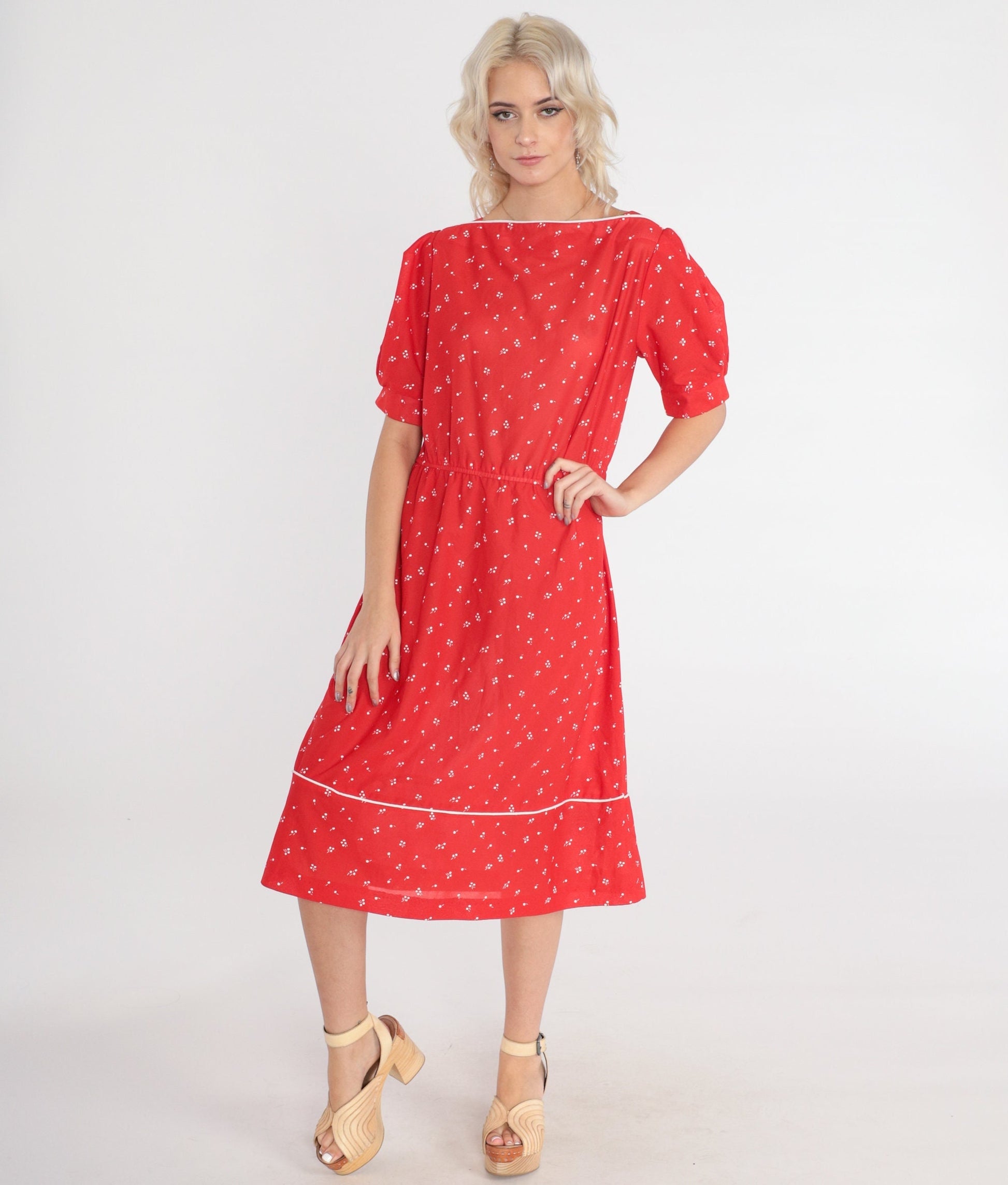 70s Red Floral Midi Dress White Flower Print High Waist Puff Sleeve Medium Large