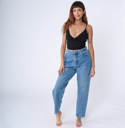 90s Mom Jeans High Rise Tapered Denim Stone Wash Blue Medium