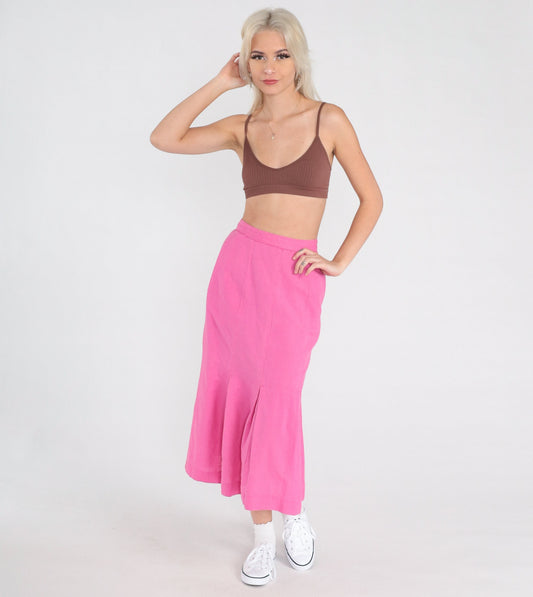 90s Bright Pink Pleated Midi Skirt High Waist Cotton Linen Extra Small