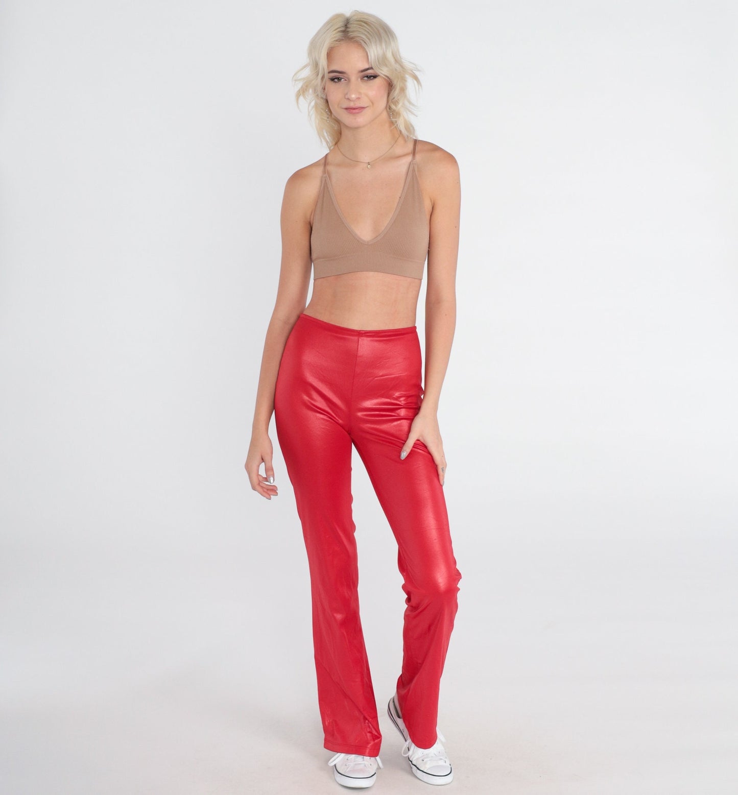 90s Red Shiny Low Rise Flared Trousers Extra Small XS