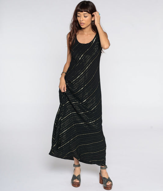 90s Black Maxi Dress Gold Metallic Stripe Sleeveless Column Medium