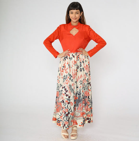 70s Red Floral Japanese Scenic Print Maxi Dress Long Sleeve Keyhole Neckline Large