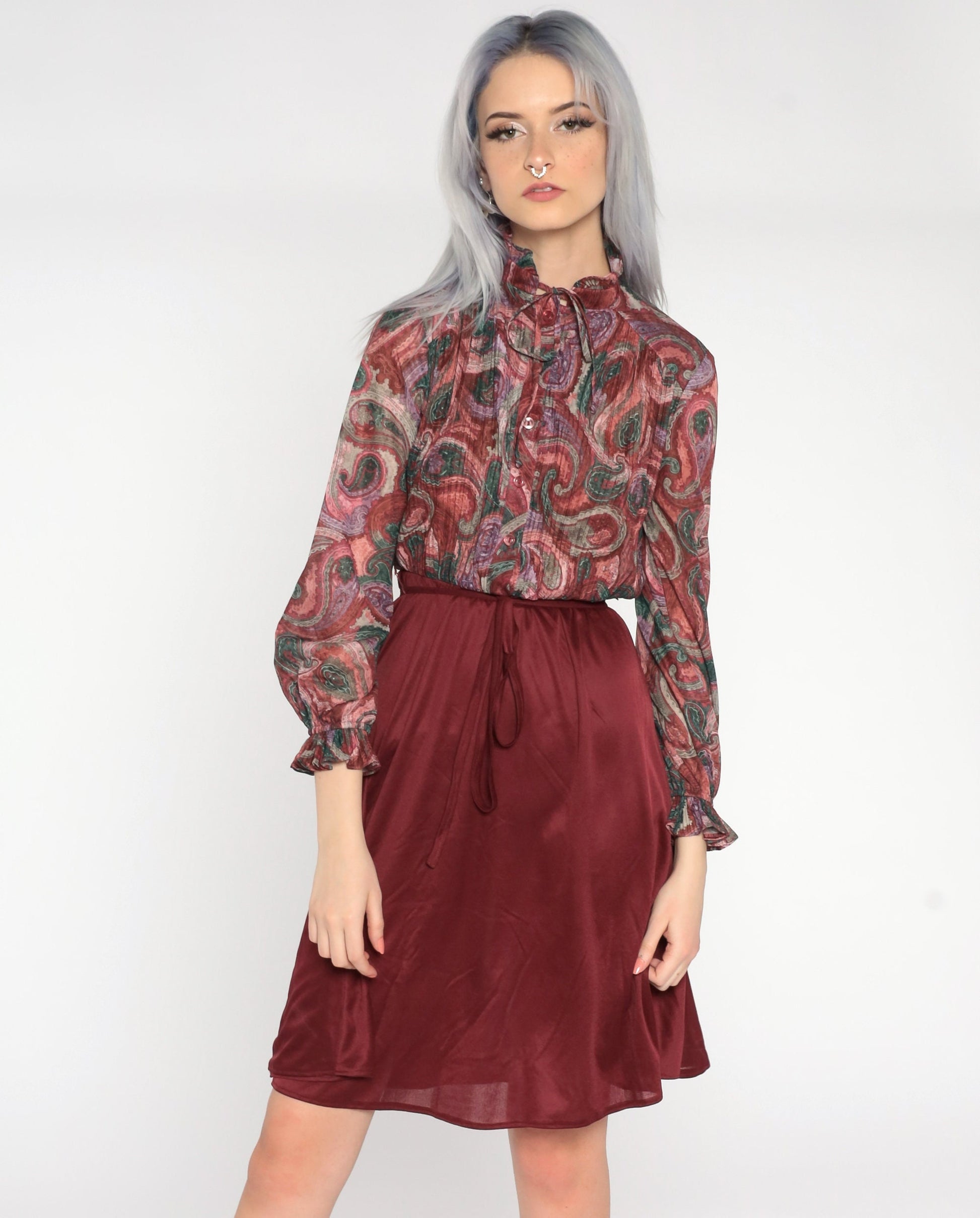 80s Paisley Mini Dress Burgundy Button-Up High Waisted Long Sleeve Small