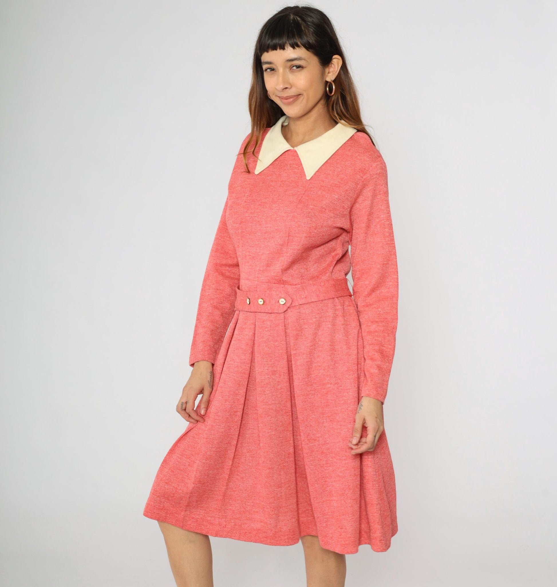 70s Mod Dress Pink Pleated Midi High Waist Contrast Collar Long Sleeve Large L