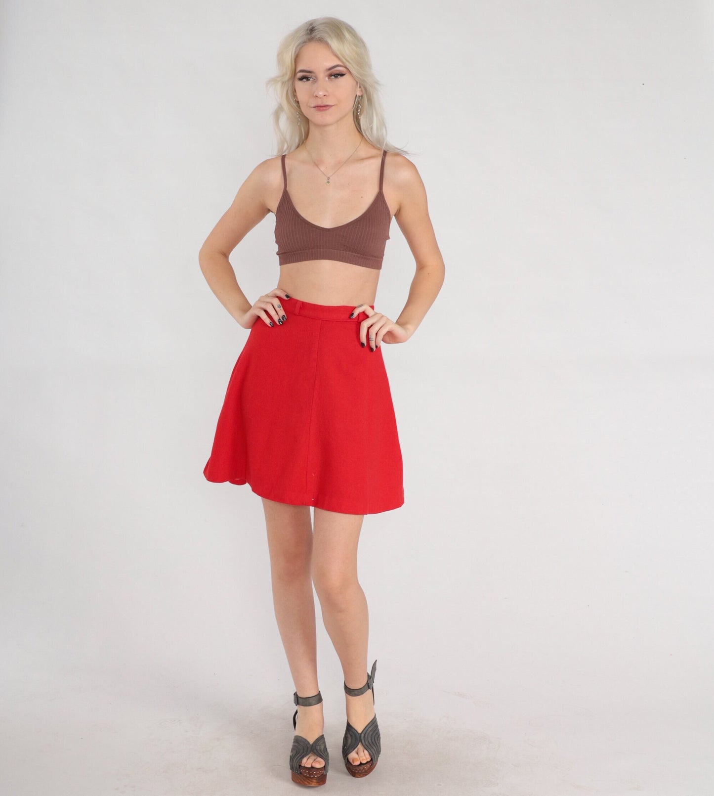 60s Red Wool A-Line Mini Skirt High Waisted Rear Zip XXS