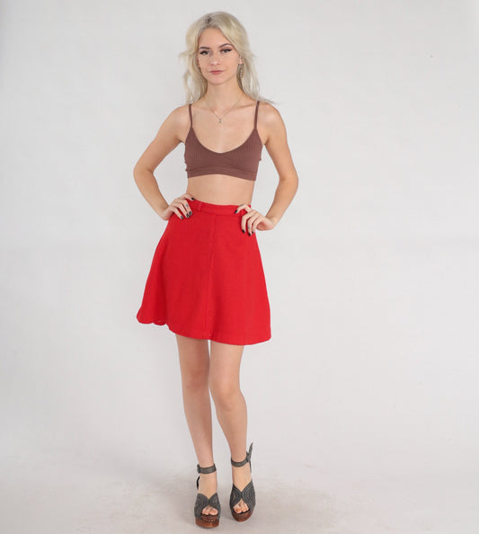 60s Red Wool A-Line Mini Skirt High Waisted Rear Zip XXS