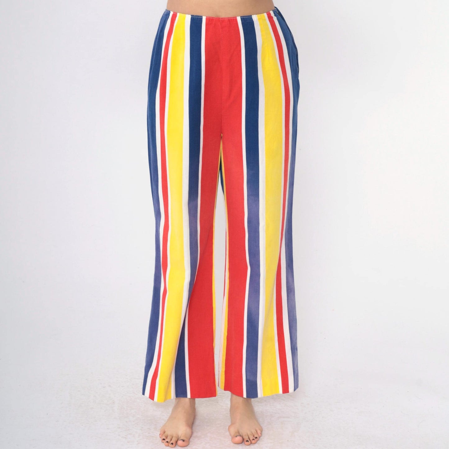 1960s Striped Bell Bottom Pants High Waist Yellow Red Blue Medium