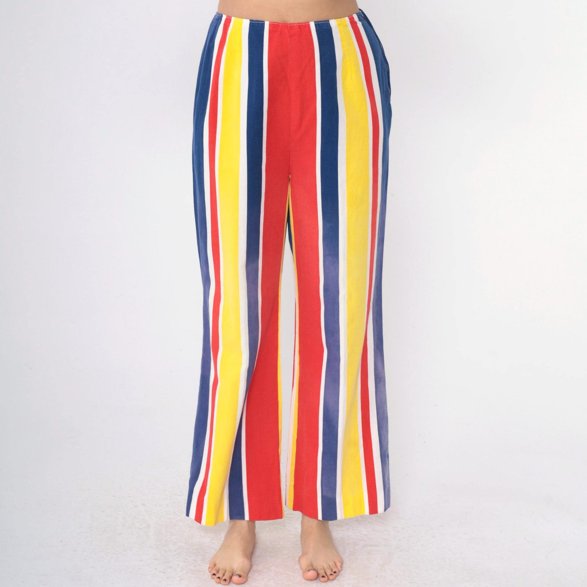 1960s Striped Bell Bottom Pants High Waist Yellow Red Blue Medium