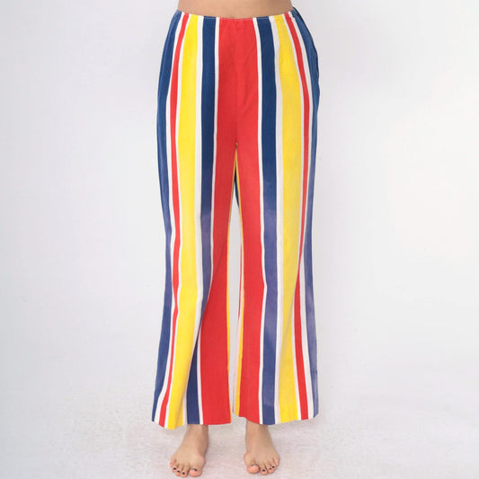 1960s Striped Bell Bottom Pants High Waist Yellow Red Blue Medium