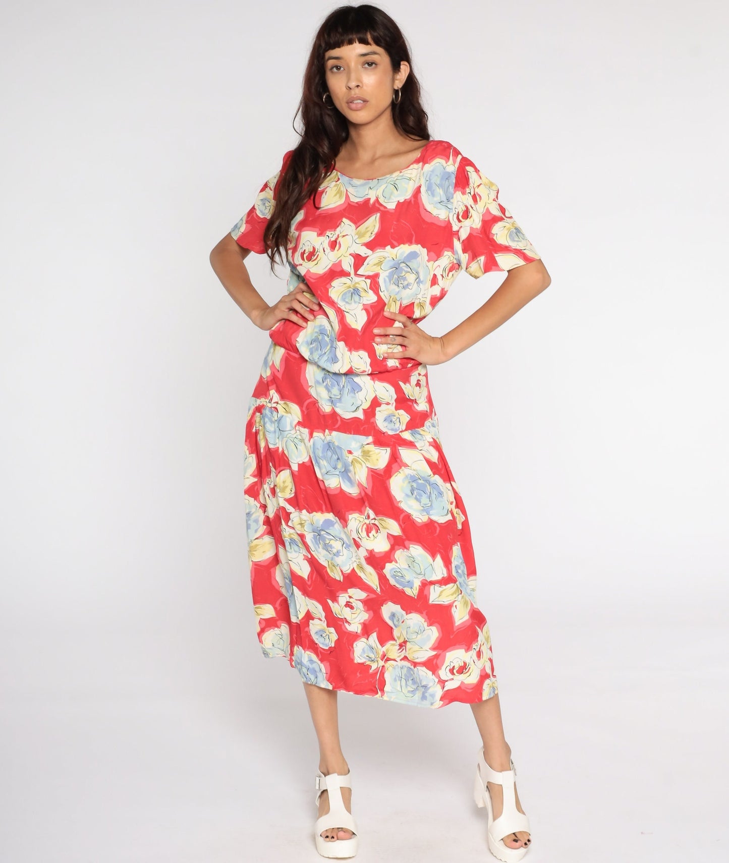 90s Red Floral Midi Dress Button Back Short Sleeve Vintage Medium