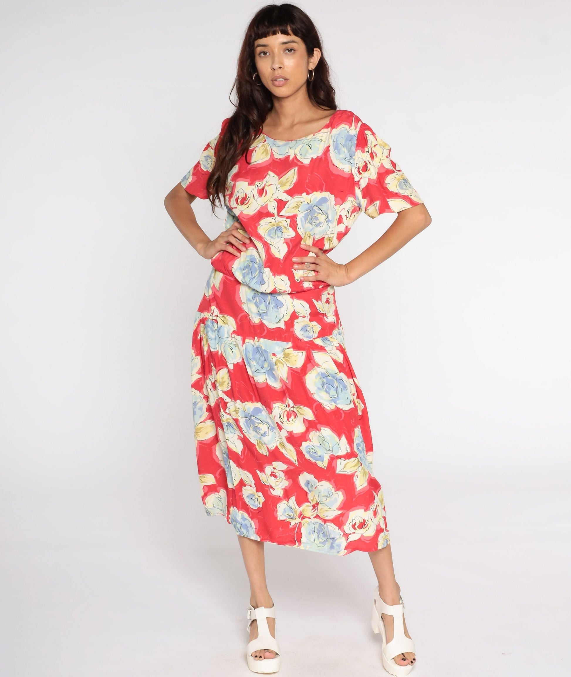 90s Red Floral Midi Dress Button Back Short Sleeve Vintage Medium