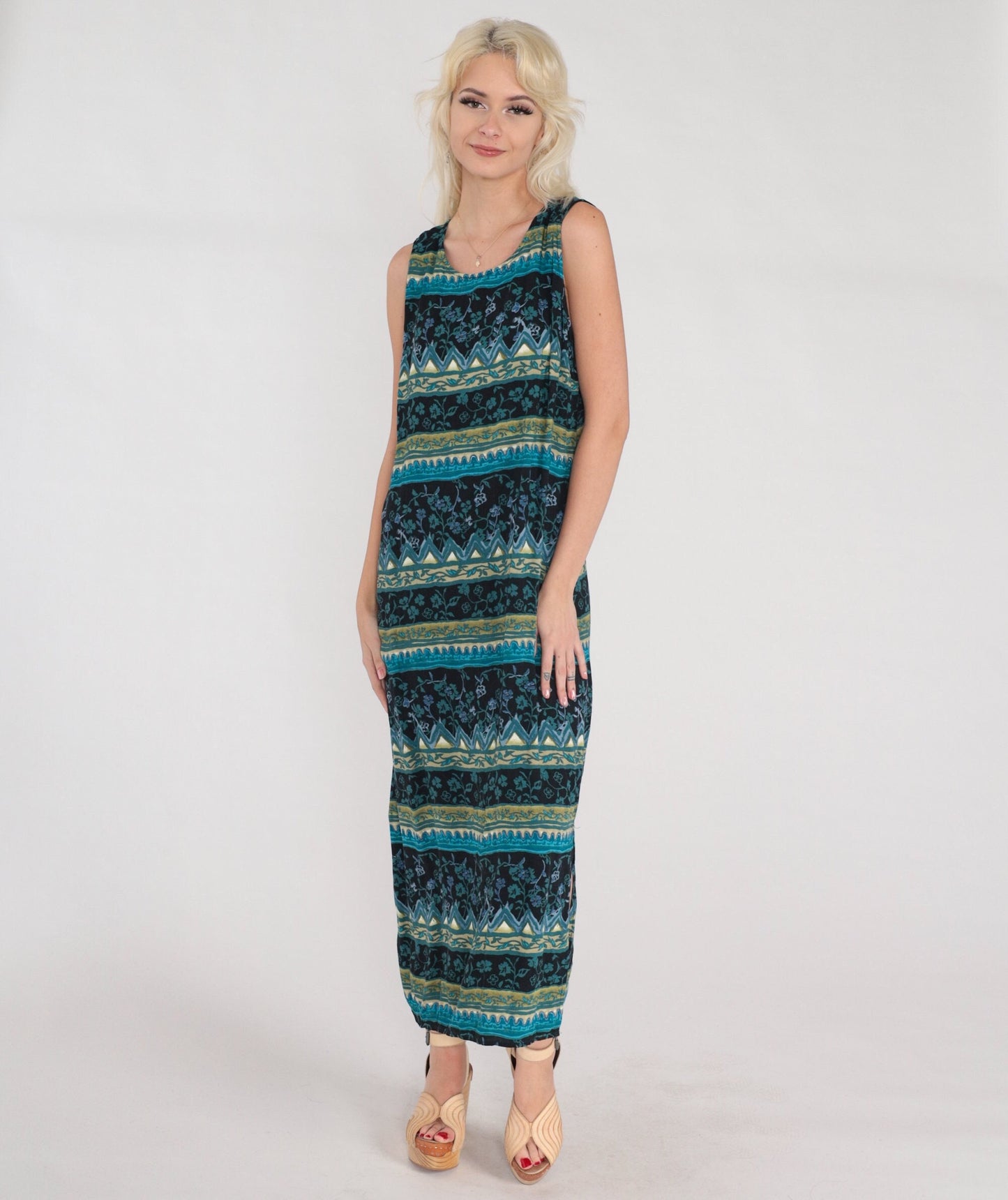 Y2K Striped Floral Maxi Dress Sleeveless Shift Black Blue Side Slit Large L