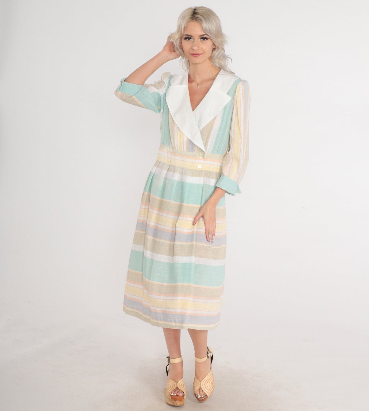 80s Striped Wrap Midi Dress Puff Sleeve Layered Collar Button Up Medium Large