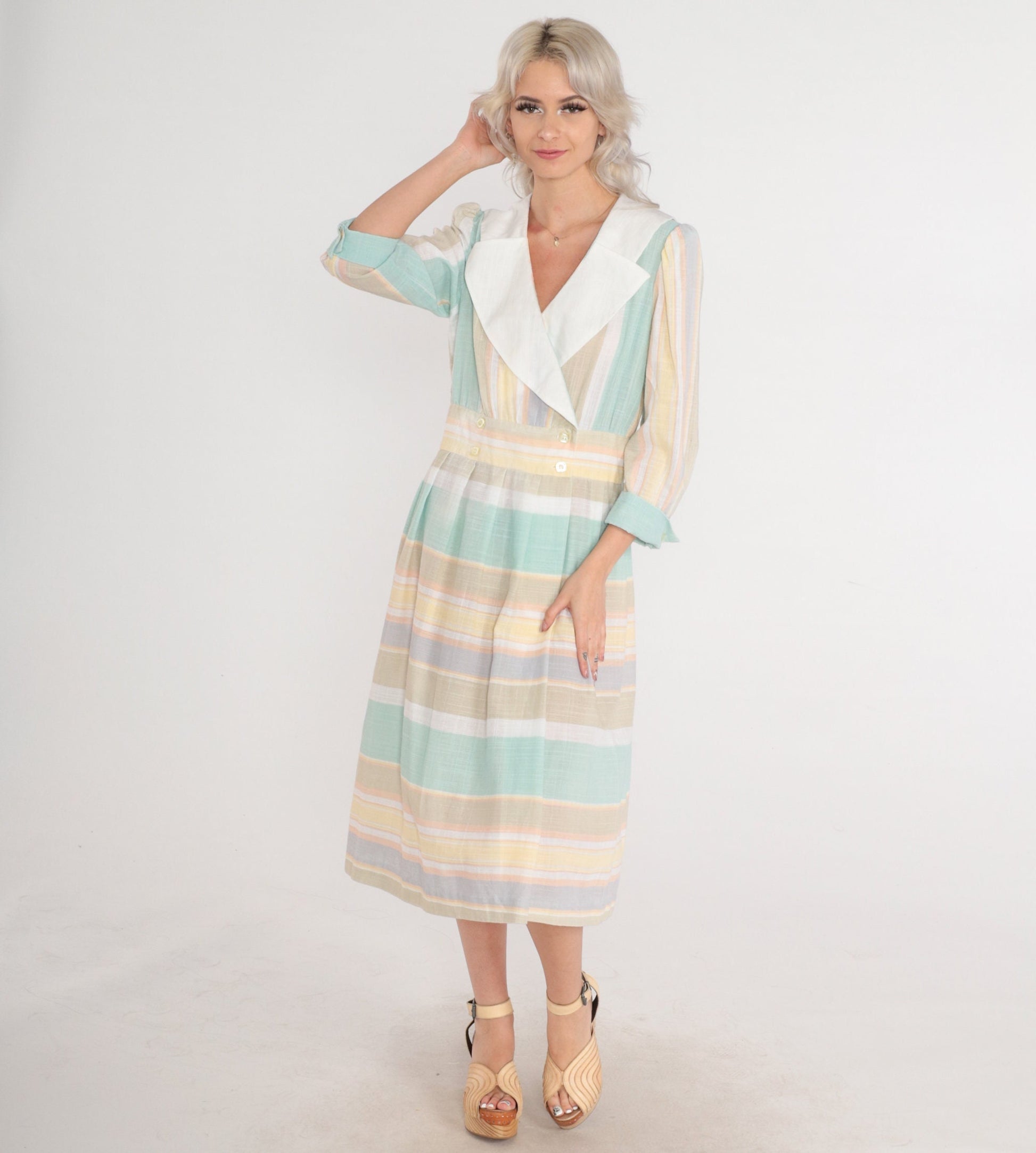 80s Striped Wrap Midi Dress Puff Sleeve Layered Collar Button Up Medium Large