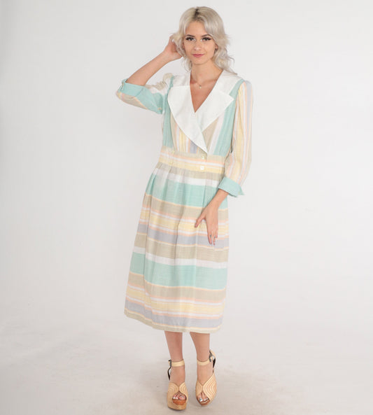 80s Striped Wrap Midi Dress Puff Sleeve Layered Collar Button Up Medium Large