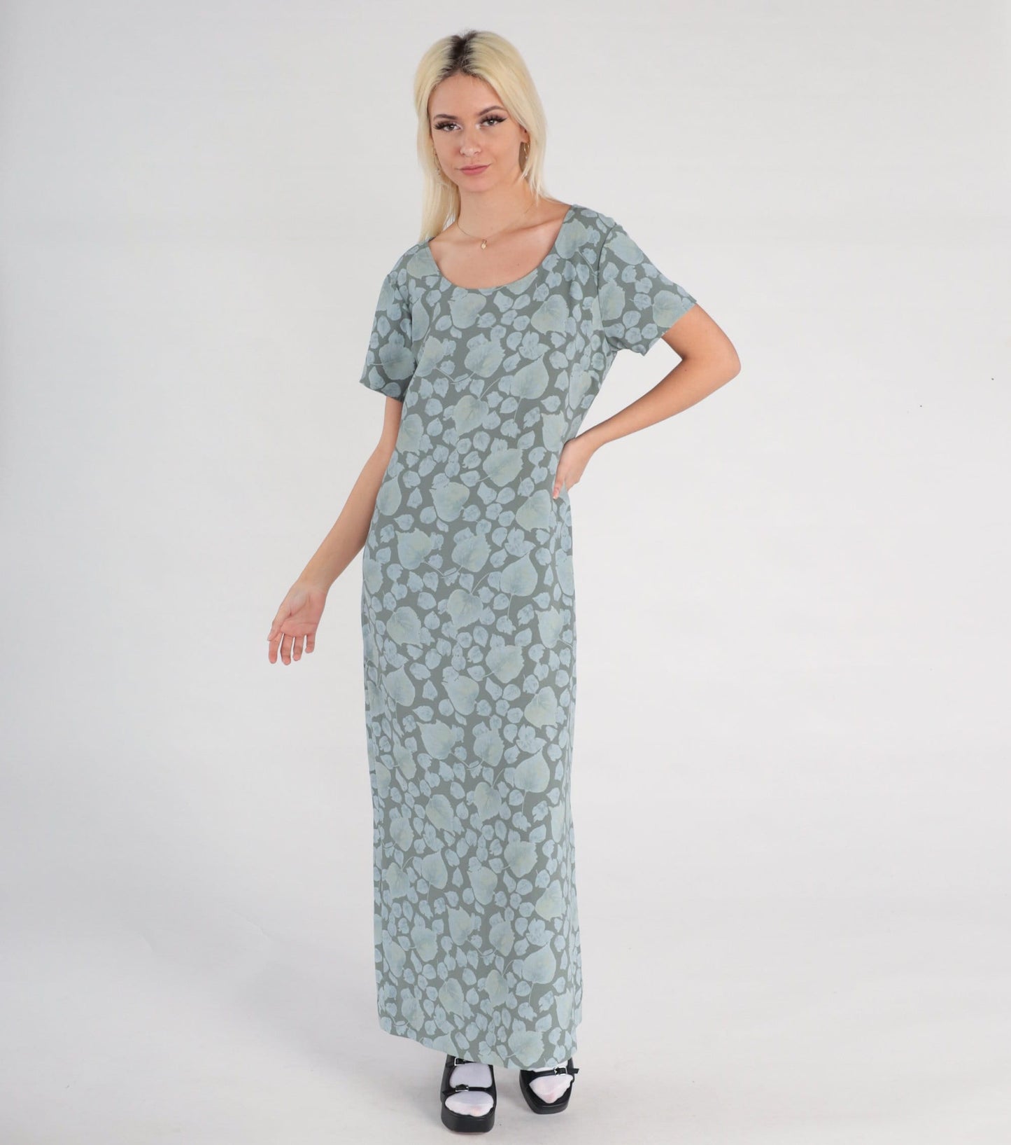 00s Liz Claiborne Botanical Maxi Dress Grey Blue Leaf Print Large