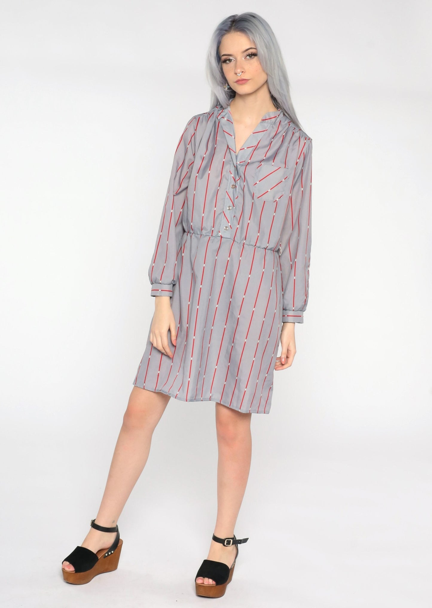 80s Striped Button-Up Mini Dress Grey Red Shirtdress Medium