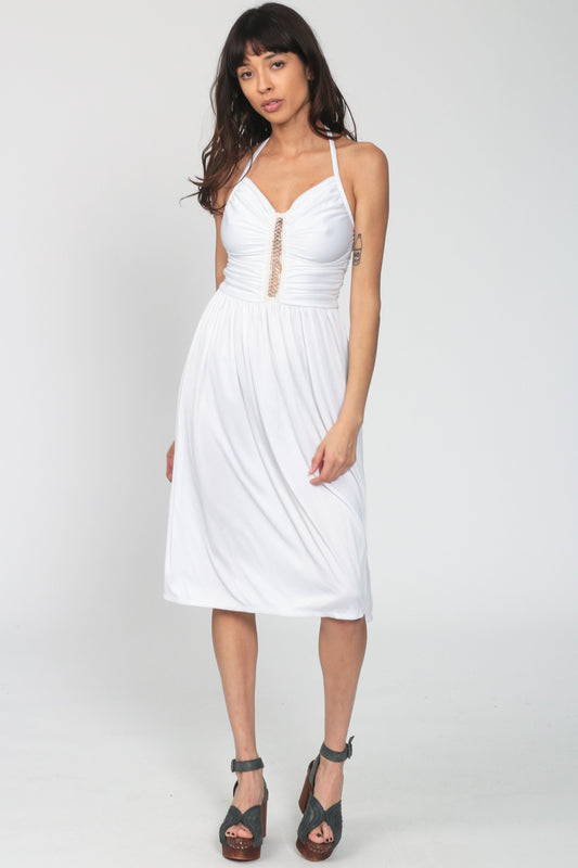 70s White Halter Midi Dress Beaded Cutout Plunging Neckline Extra Small